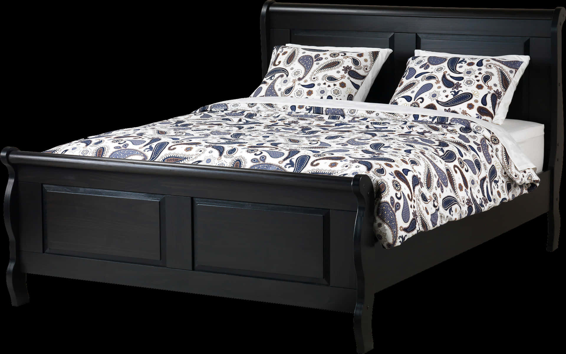 Elegant Black Wooden Bedwith Patterned Bedding