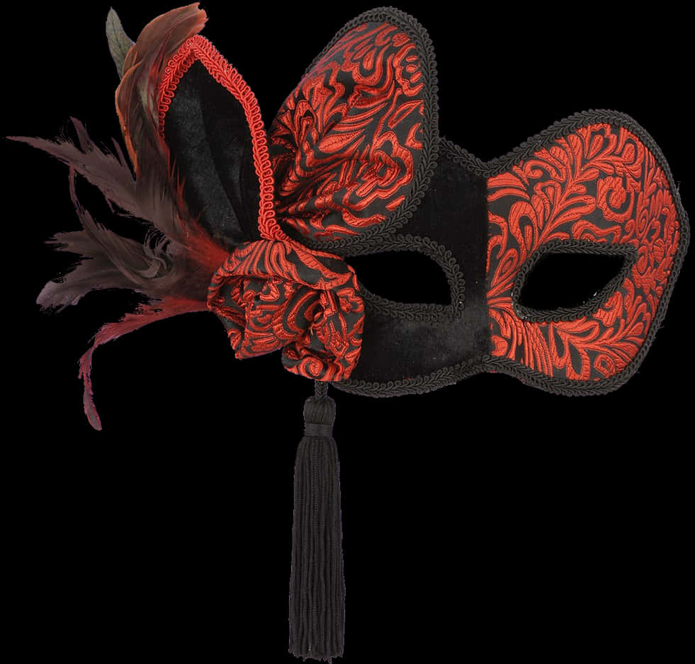 Elegant Blackand Red Venetian Maskwith Feathersand Tassel