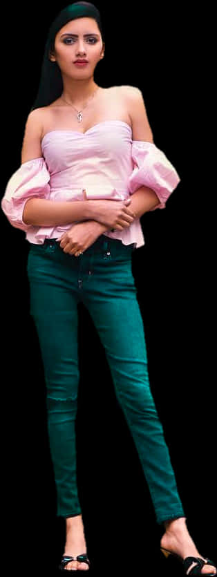 Elegant Indian Girlin Pink Topand Green Jeans