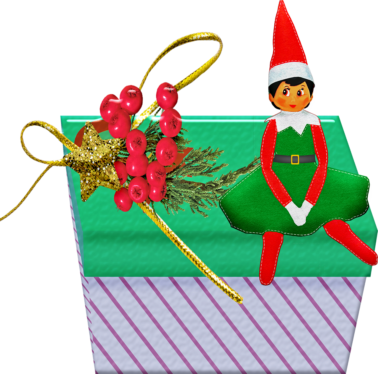 Elf On Gift Box With Christmas Decorations