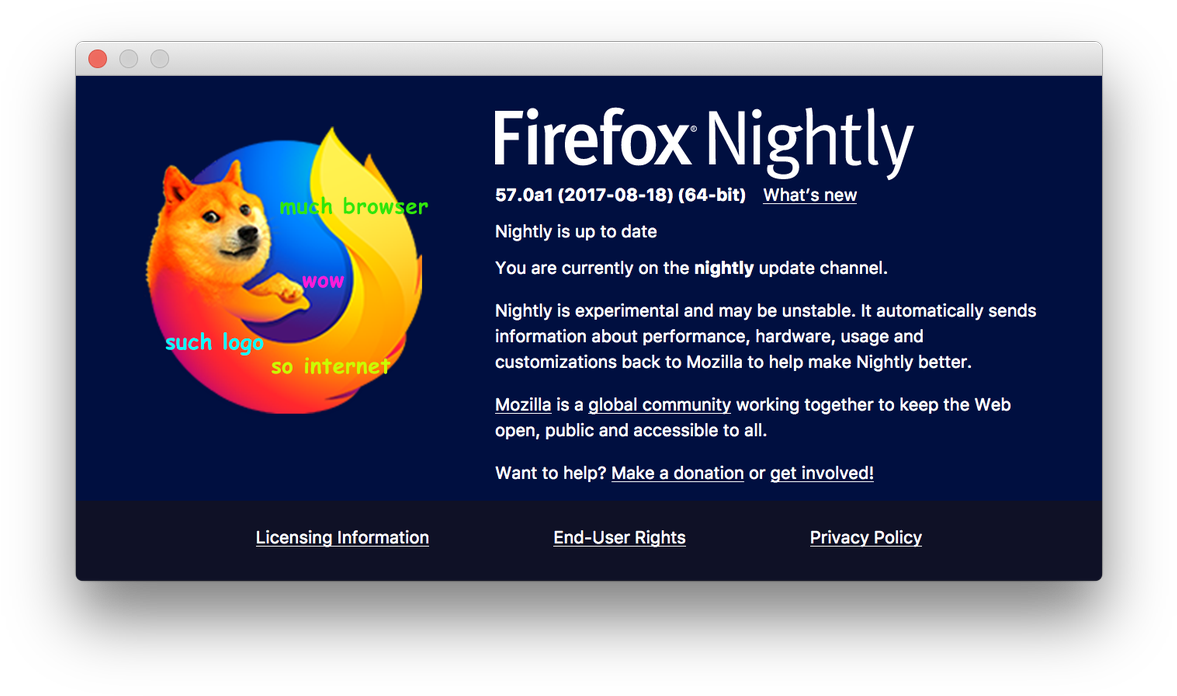 Firefox Nightly Doge Meme Interface