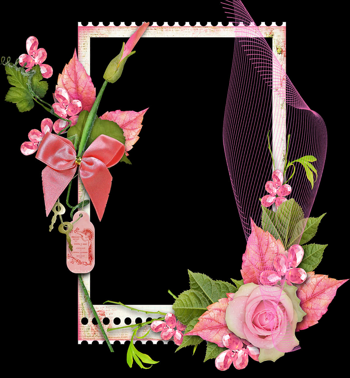 Floral_ Frame_with_ Pink_ Ribbon_and_ Rose