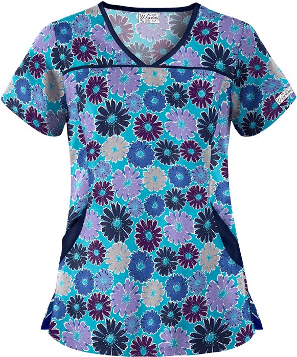 Floral Print Blue Nurse Scrub Top