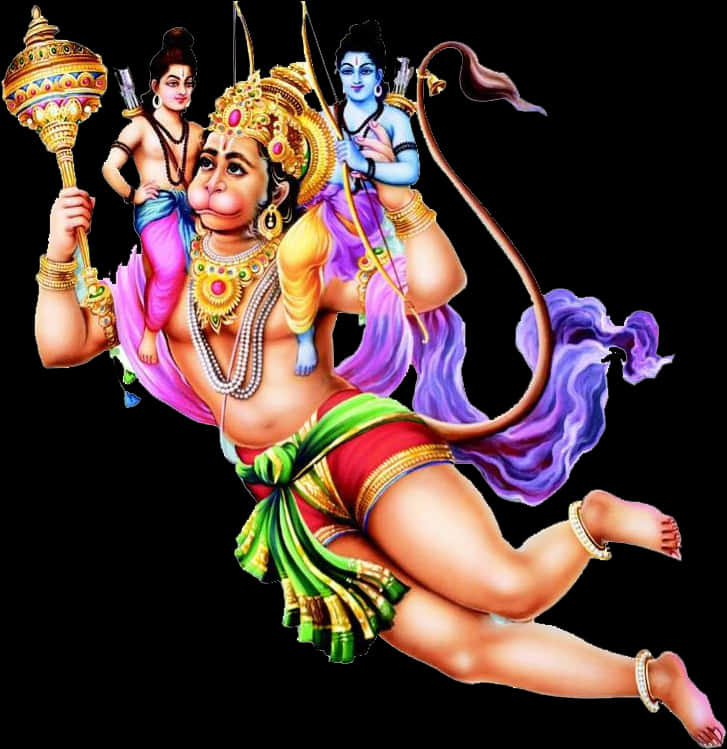 Flying Hanumanwith Mountainand Lord Rama Lakshmana