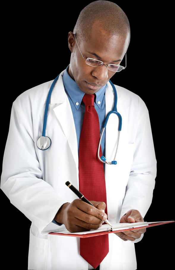 Focused Doctor Writingon Clipboard