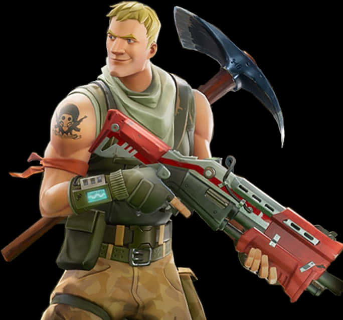 Fortnite Character With Pickaxe And Rifle