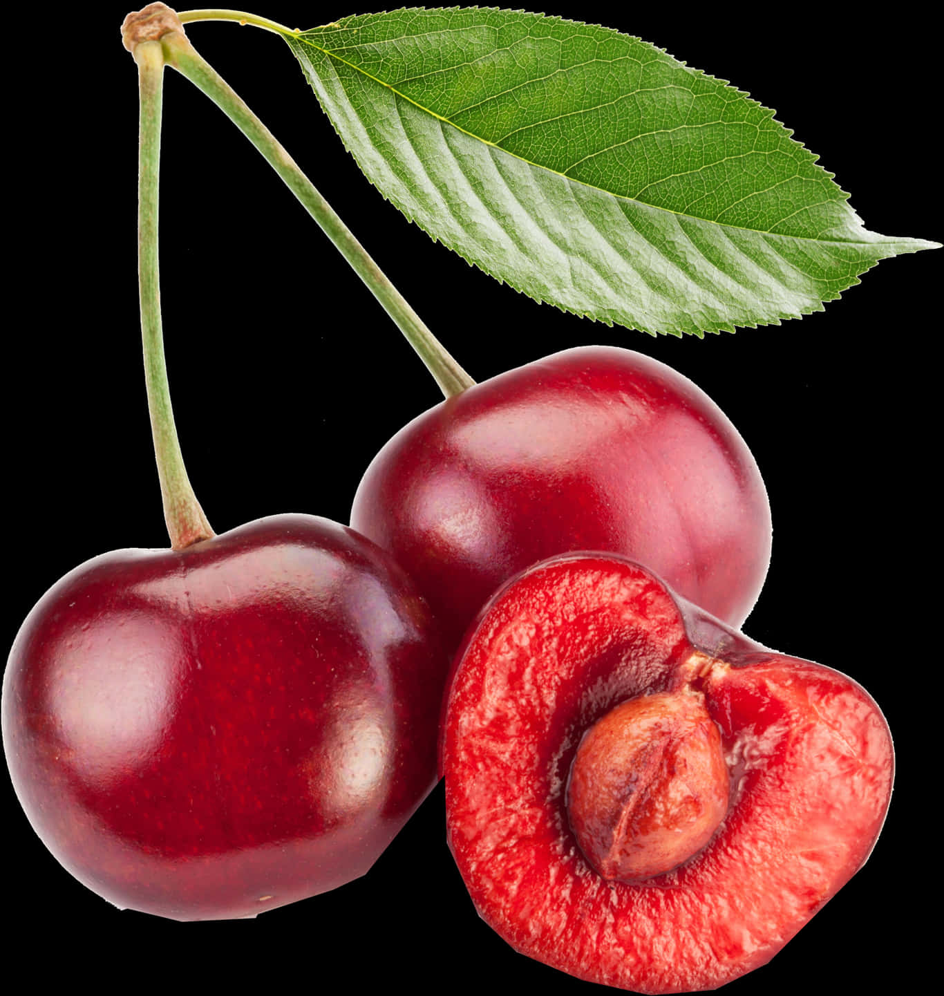 Fresh Cherries With Leafand Pit