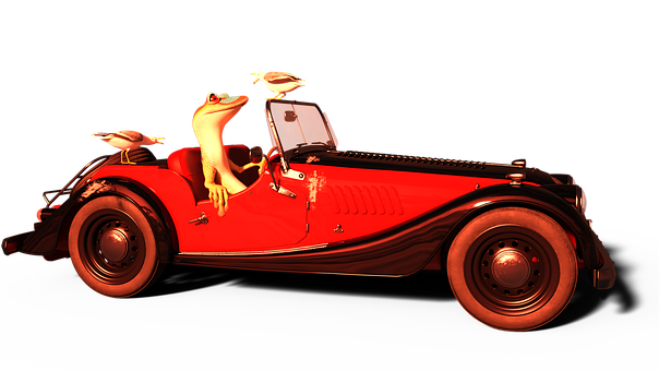 Frog Driving Red Vintage Car