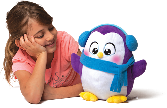 Girl Admiring Stuffed Penguin Toy