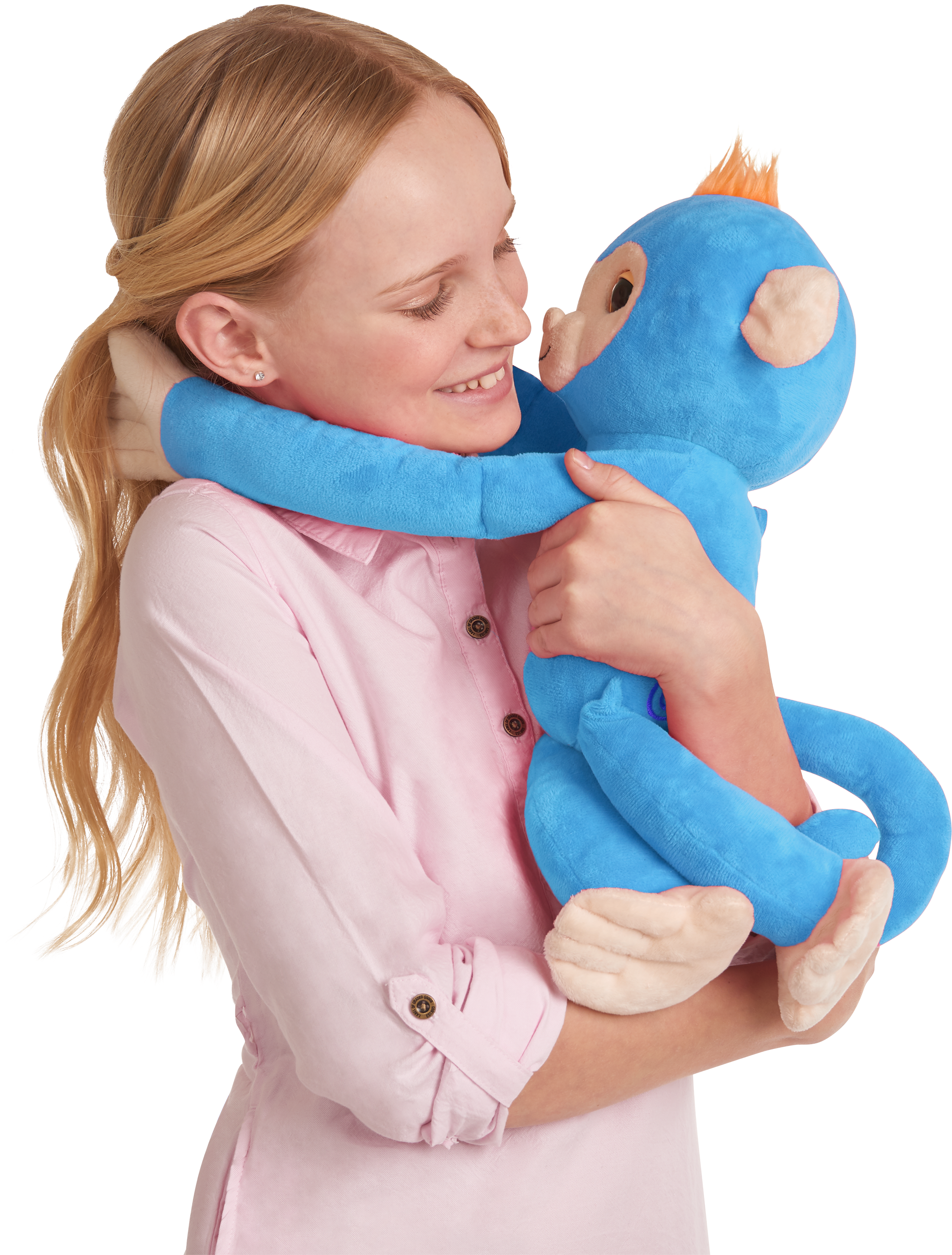 Girl Hugging Blue Plush Monkey