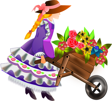 Girl Pushing Flower Cart Illustration