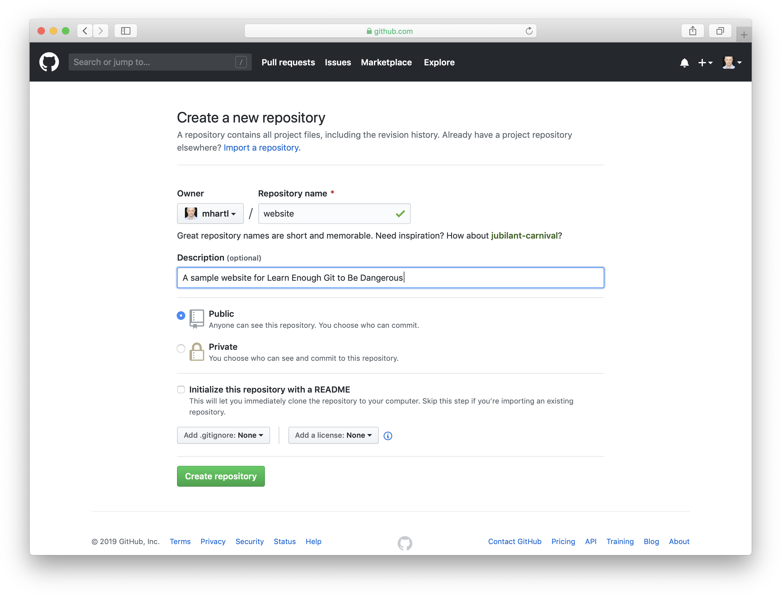 Git Hub Create New Repository Screen