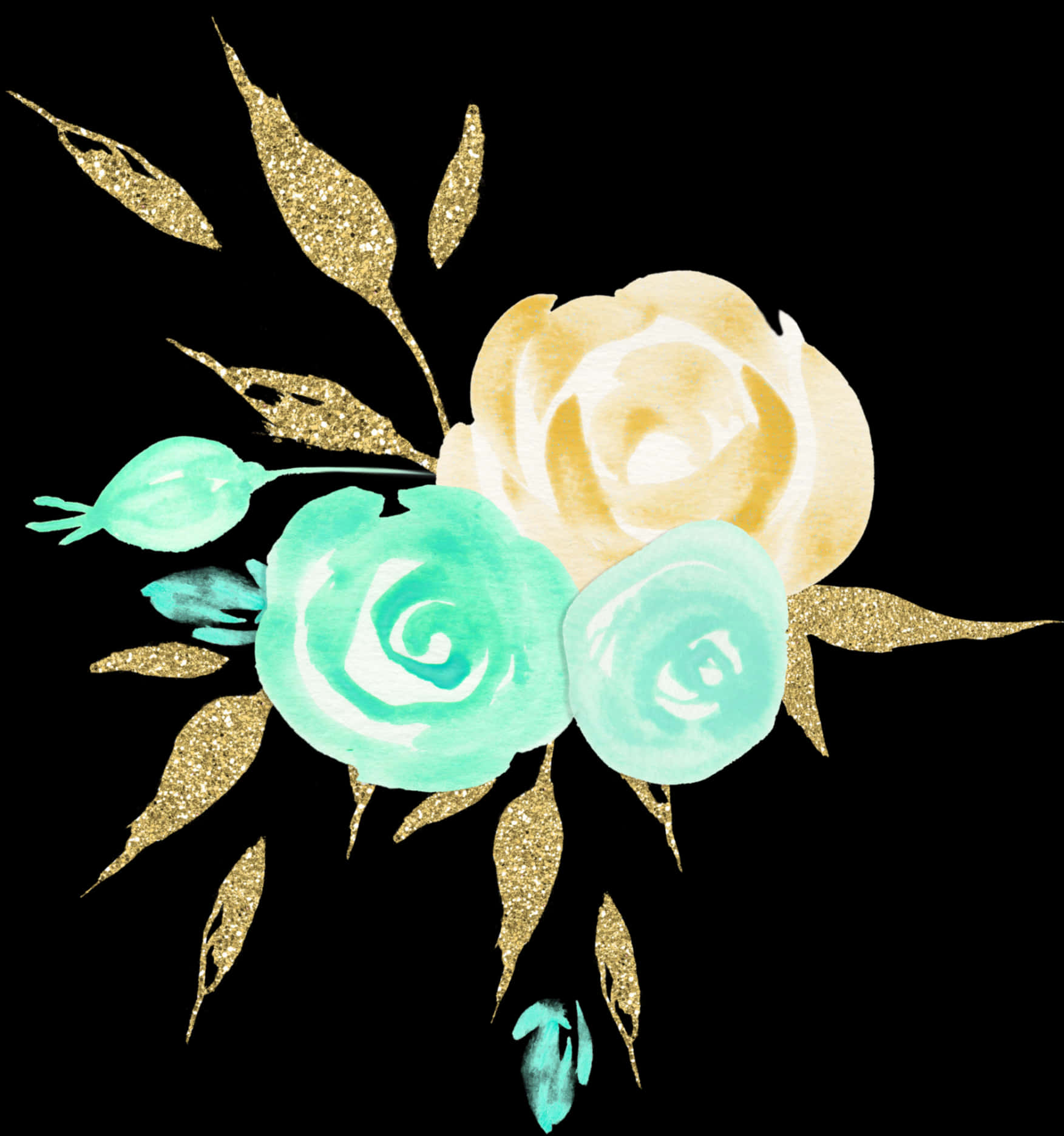 Goldand Aqua Floral Artwork