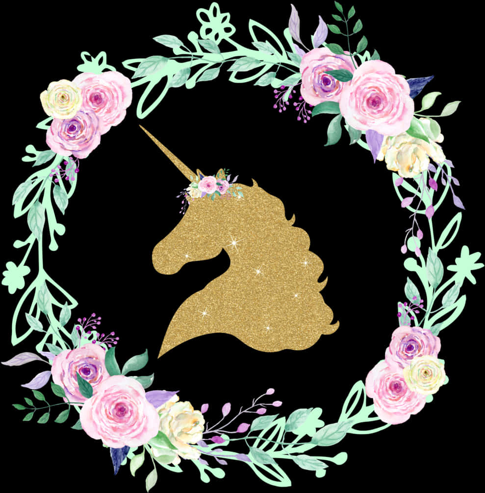 Golden Unicorn Silhouette Floral Wreath