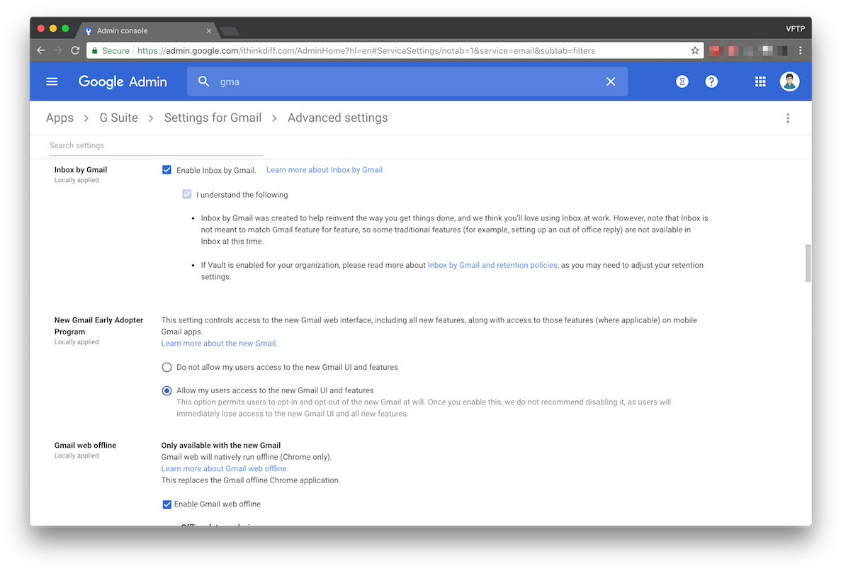 Google Admin Gmail Settings Screenshot