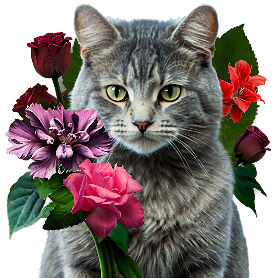 Grey Cat With Flowers Png Pyg68