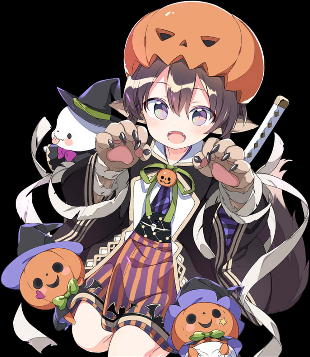 Halloween Anime Boywith Pumpkin Hatand Plushies