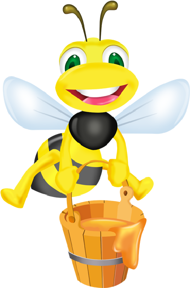 Happy Bee With Honey Bucket