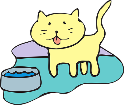 Happy Cartoon Cat With Food Bowl