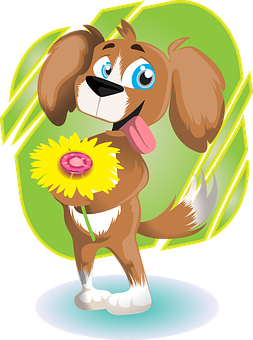 Happy Cartoon Dog Holding Flower