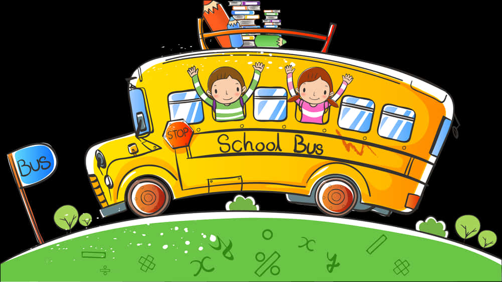 Happy Children Riding School Bus