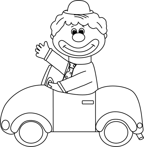 Happy Clown Driving Car Line Art