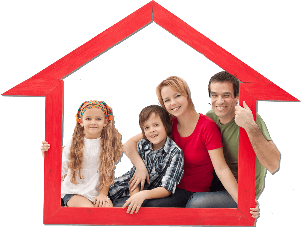 Happy Family In Red House Frame