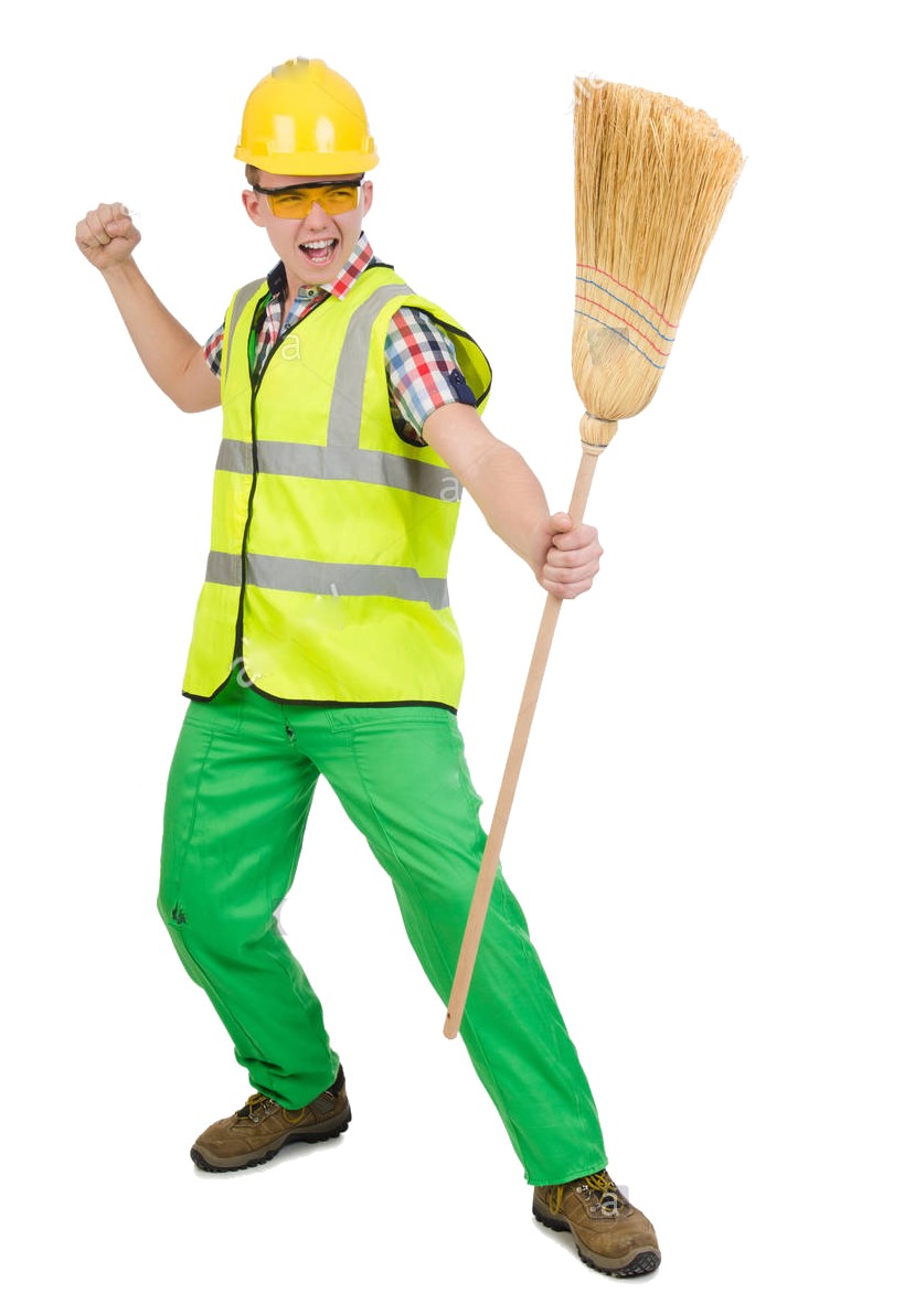 Happy Janitor With Broomand Hard Hat