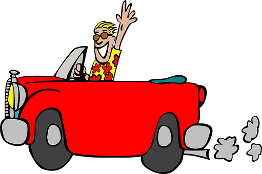 Happy Man Driving Red Car Cartoon