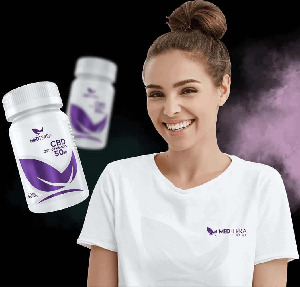 Happy Woman Promoting C B D Capsules