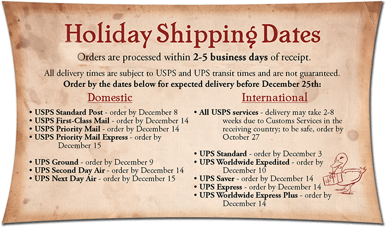 Holiday Shipping Dates Notice