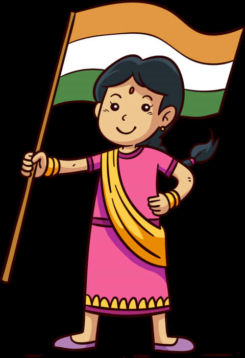 Indian Girl Holding Flag Cartoon