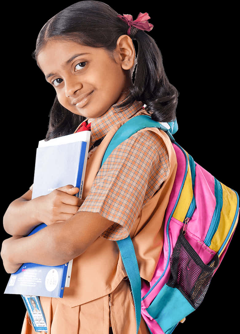 Indian Schoolgirl With Backpackand Books