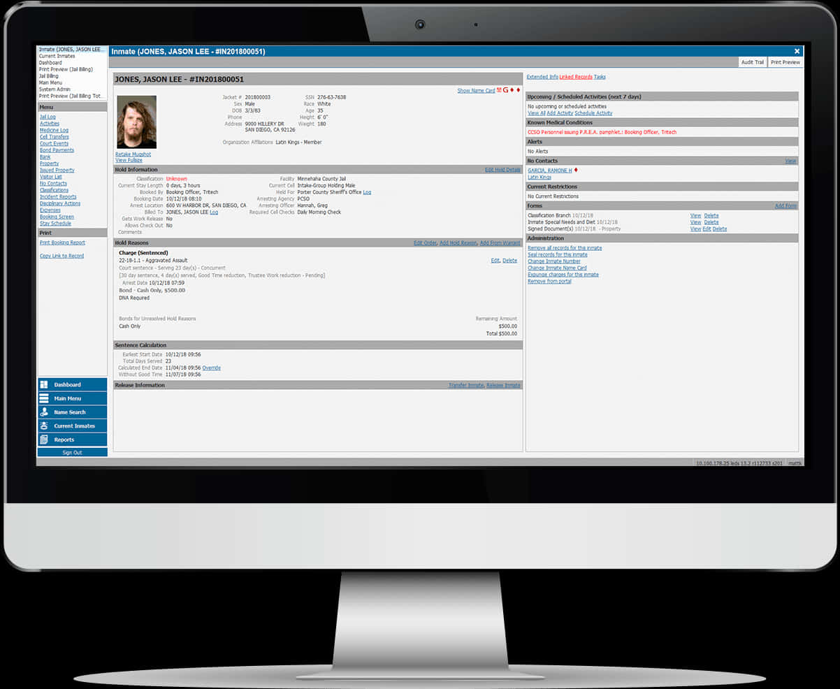 Inmate Database Screen Computer Monitor