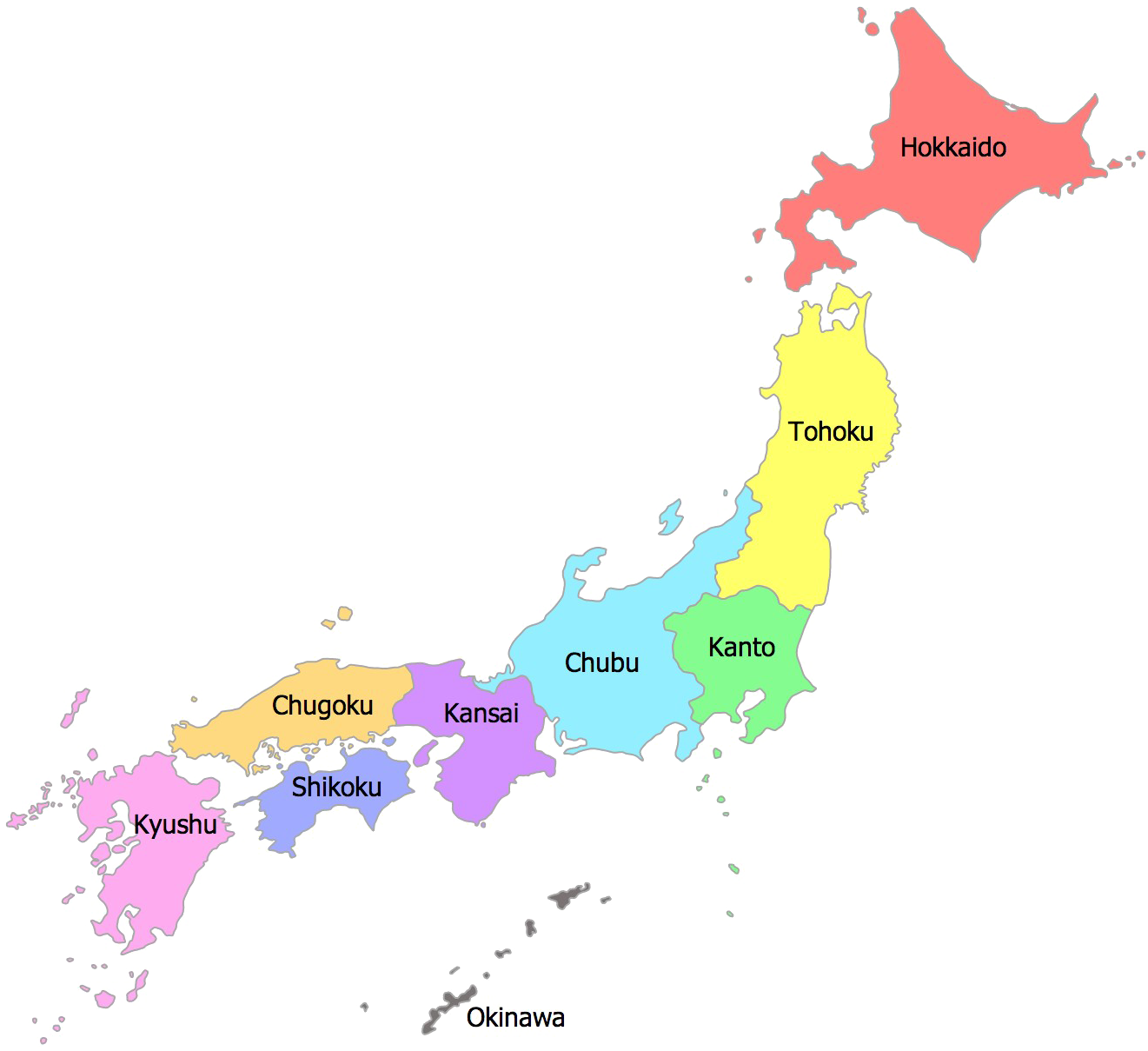 Japan Regions Map Color Coded