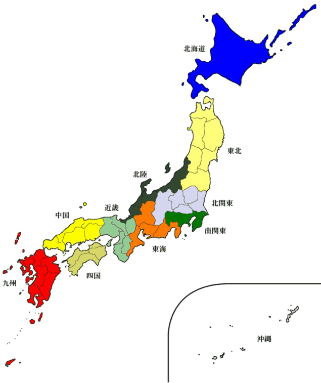 Japan Regions Map Color Coded