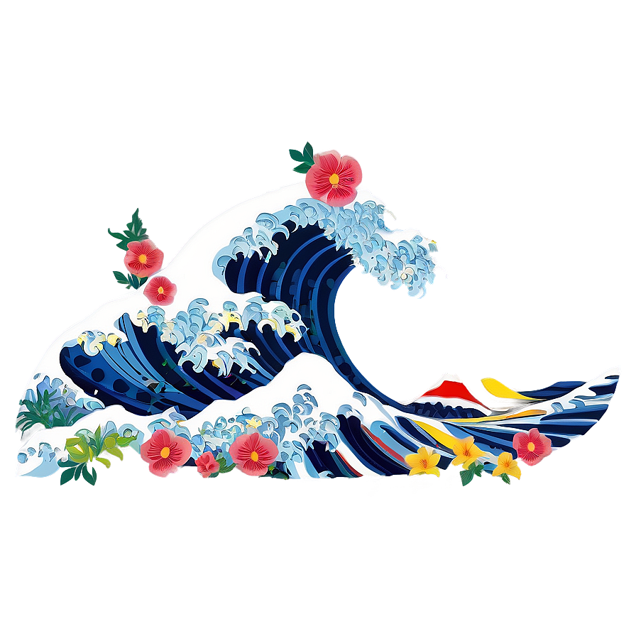 Japanese Wave With Flowers Png Wkn41