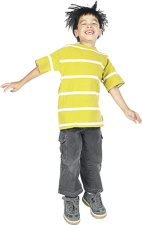 Joyful Boy Jumping In Striped Shirt