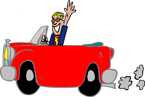 Joyful Cartoon Man Driving Red Car