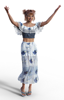 Joyful Woman Raising Armsin Floral Outfit