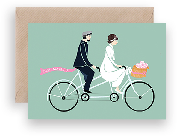 Just Married Coupleon Tandem Bicycle