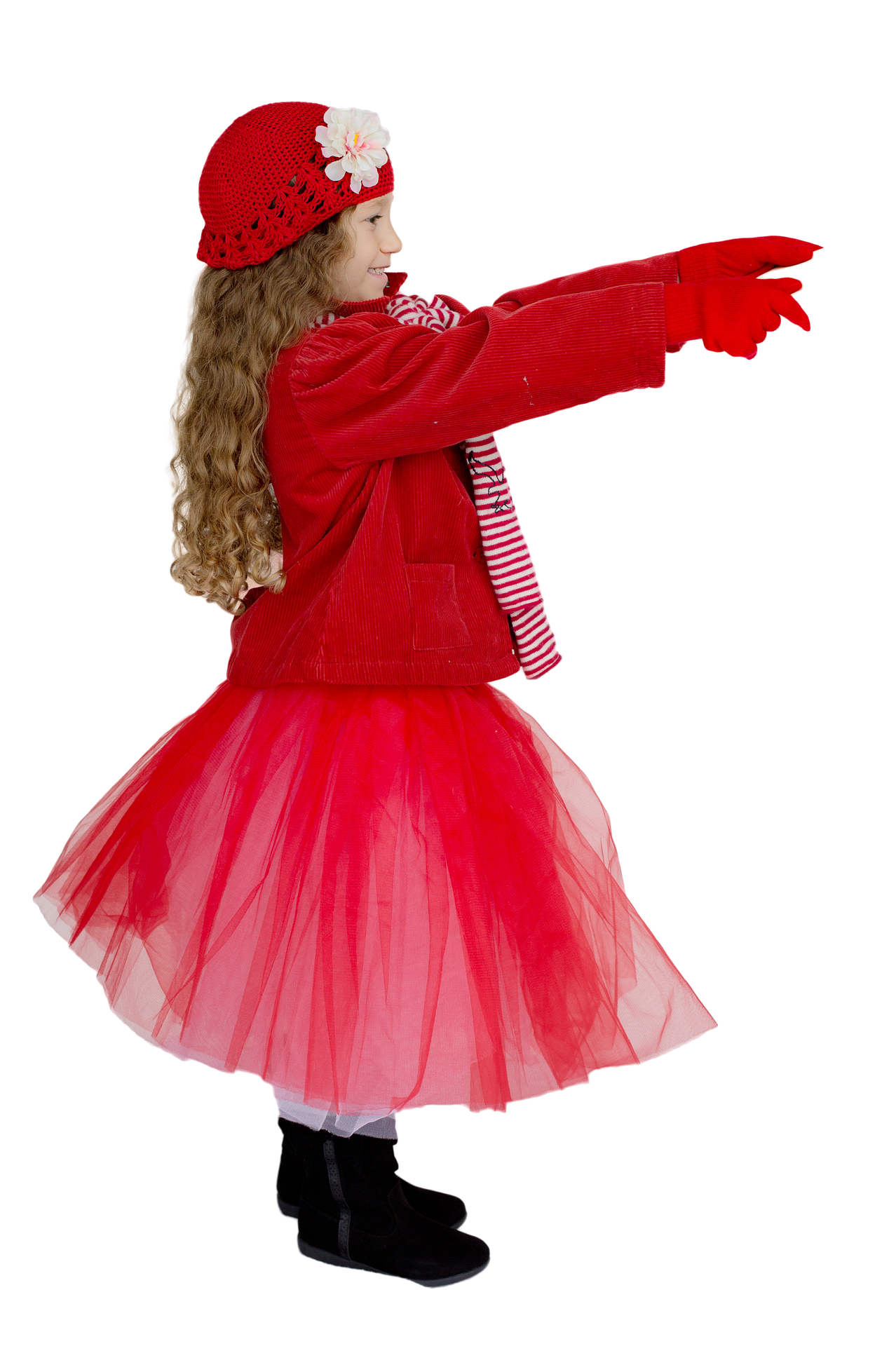 Little Girl Red Christmas Outfit Pointing