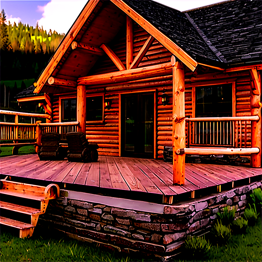 Log Cabin With Wooden Deck Png Tbp