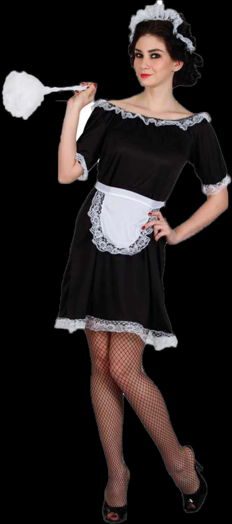 Maid Costume Black Dress Fishnet Stockings