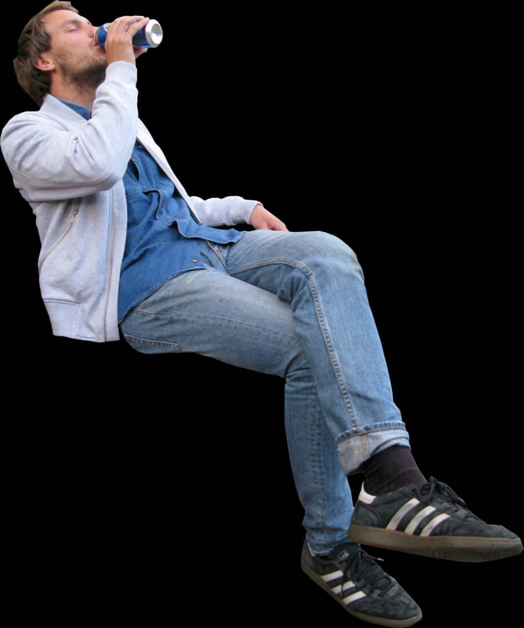 Man Drinking Beverage While Sitting Invisible Chair