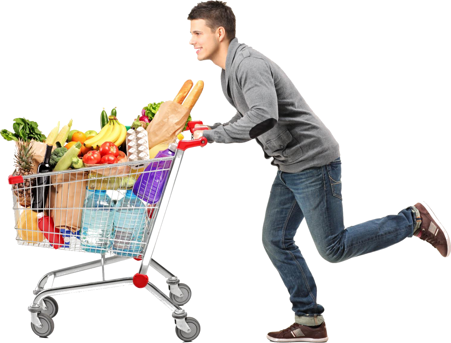 Man Pushing Full Shopping Cart