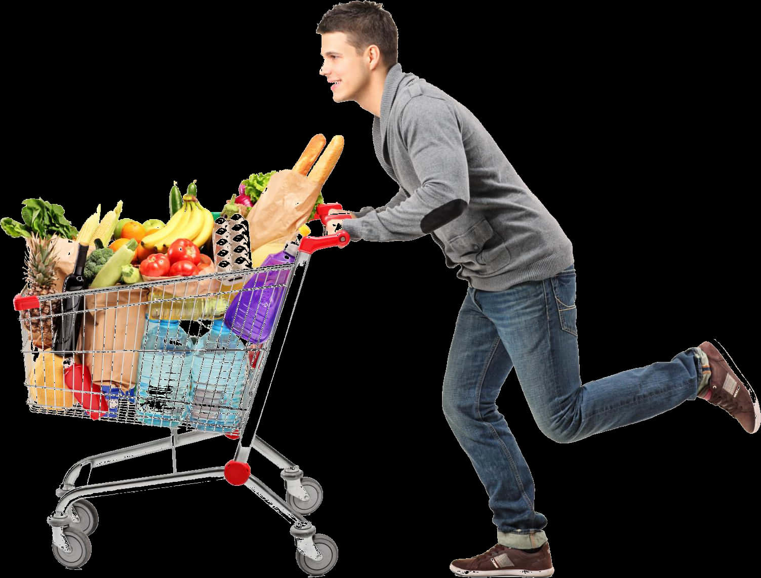 Man Pushing Full Shopping Cart