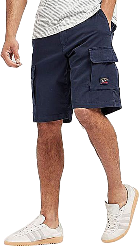 Man Wearing Navy Cargo Shorts