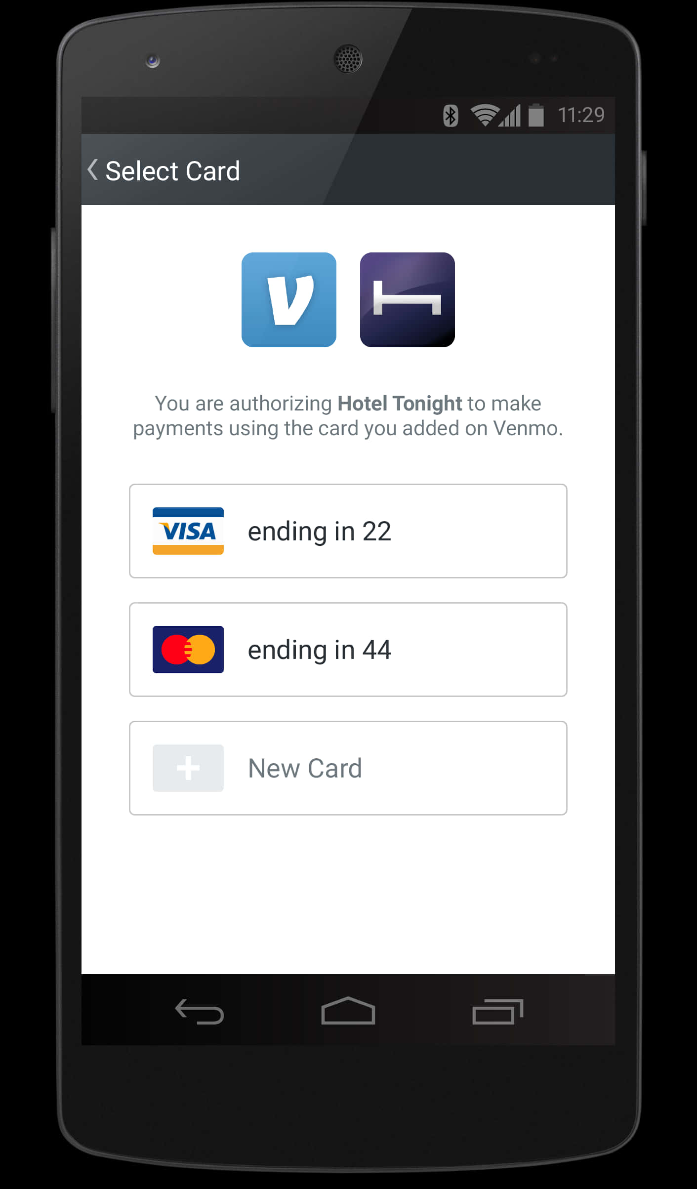 Mobile Payment Card Selection Screen