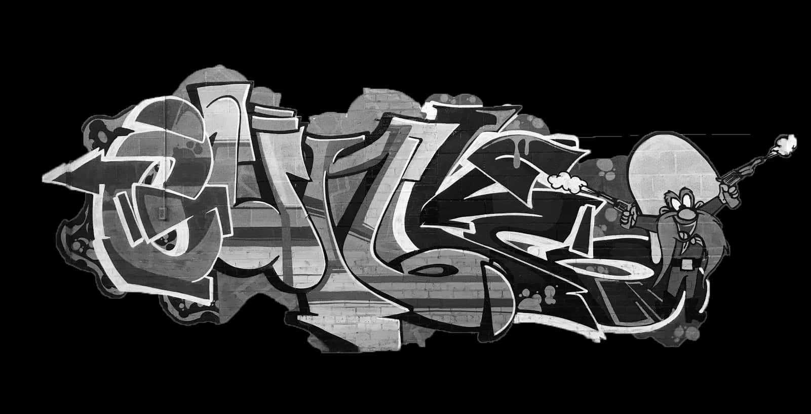 Monochrome_ Graffiti_ Art_with_ Cartoon_ Character